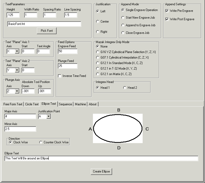 Ellipse Text Tab - CNC Write - Rotary and Linear Axis Engraving Screen Shot